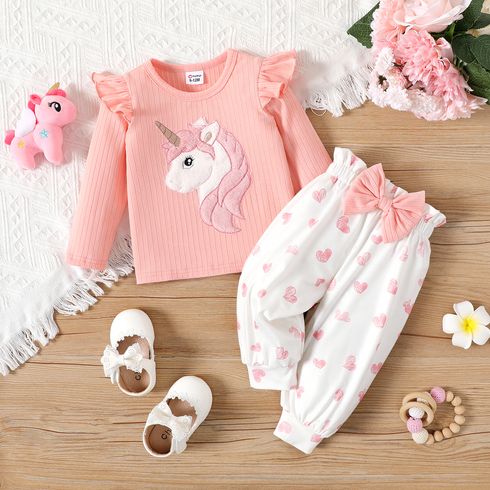 2pcs Baby Girl Unicorn Embroidered Pink Ribbed Ruffle Long-sleeve Top and Bow Front Allover Heart Print Pants Set