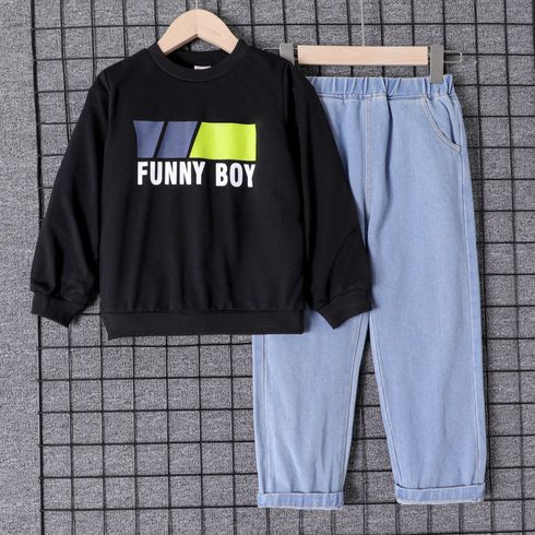 2pcs Kid Boy Letter Print Black Sweatshirt and Elasticized Denim Jeans Set