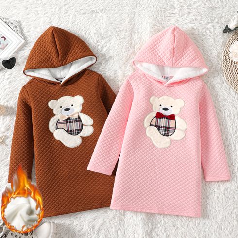 Kid Girl Bear Embroidered Textured Hooded Sweatshirt Dress