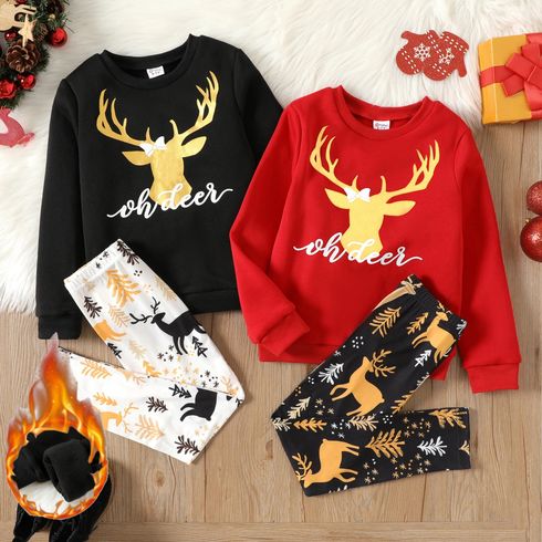 2pcs Kid Girl Christmas Deer Glitter Print Fleece Lined Sweatshirt and Pants Set