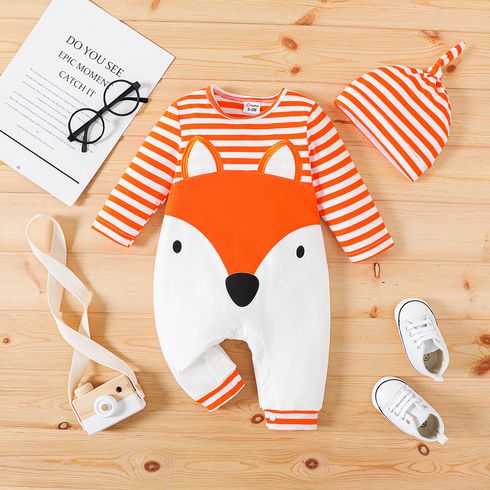 2pcs Baby Boy/Girl 95% Cotton Fox Print Striped Long-sleeve Spliced Jumpsuit with Hat Set