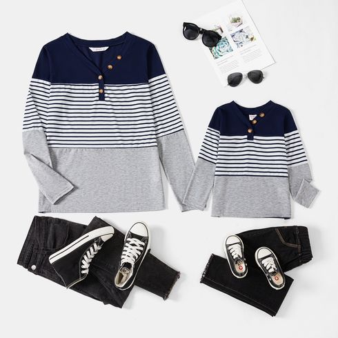 Mommy and Me Striped Colorblock Long-sleeve Button Tee
