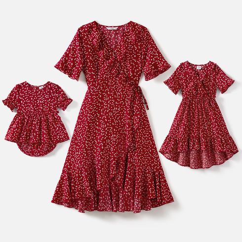 Mommy and Me Allover Floral Print Ruffle Trim Short-sleeve Surplice Neck Self Tie Wrap Dresses