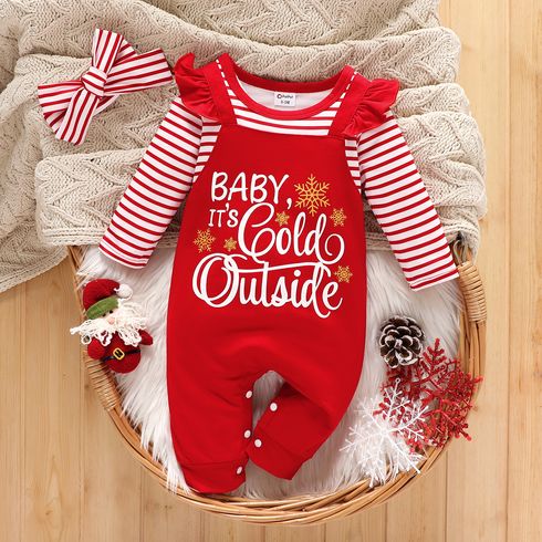 Christmas 2pcs Baby Girl Red Striped Long-sleeve Faux-two Letter Print Jumpsuit with Headband Set