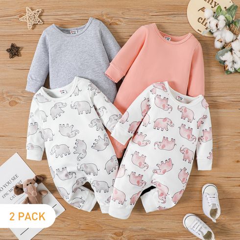 2-Pack Baby Boy/Girl Allover Elephant Print and Solid Long-sleeve Jumpsuits Set