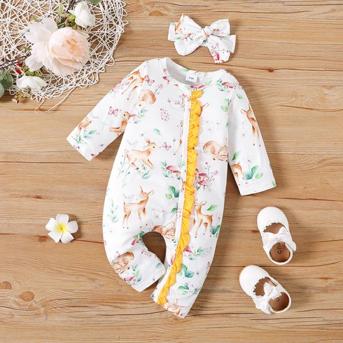 Baby Floral Allover Ruffle Decor Long-sleeve Jumpsuit with Headband Set