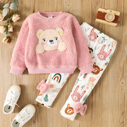 2pcs Toddler Girl Playful Bear Embroidered Polar Fleece Sweatshirt and Bows Design Leggings Set