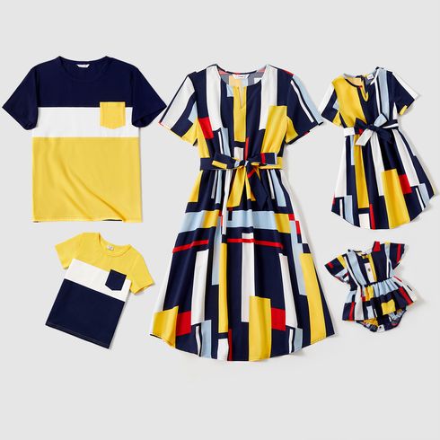 Family Matching 95% Cotton Colorblock T-shirts and Allover Geo Print Notched Neck Short-sleeve Belted Dresses Sets