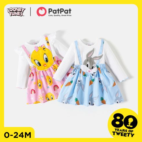 Looney Tunes Baby Girl Ruffle Long-sleeve Animal Graphic Spliced Dress