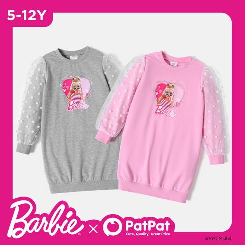 Barbie Kid Girl Polka dots Mesh Puff-sleeve Cotton Sweatshirt Dress