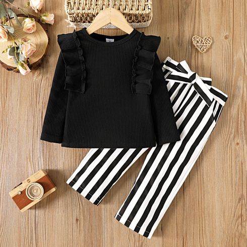 2pcs Toddler Girl Trendy Ruffled Ribbed Tee and Stripe Belted Pants Set