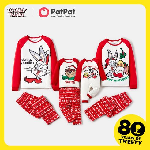 Looney Tunes Family Matching Christmas Cartoon Print Red Raglan-sleeve Pajamas Sets (Flame Resistant)