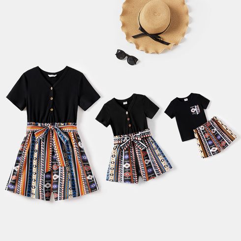 Mommy and Me 95% Cotton V Neck Short-sleeve Spliced Boho Print Belted Button Romper