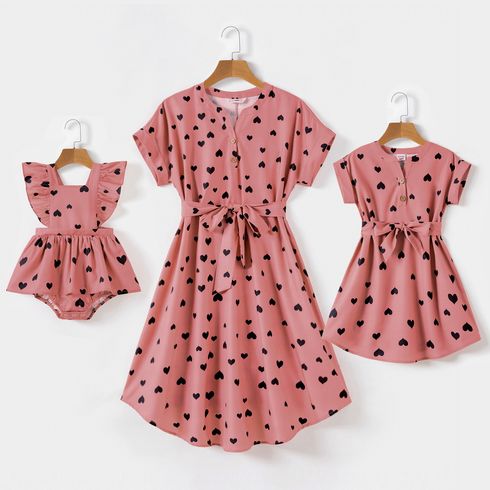 Valentine's Day Mommy and Me Allover Heart Print Pink Notch Neck Short-sleeve Belted Dresses
