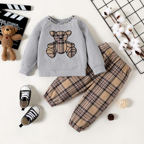 2pcs Baby Boy Bear Embroidered Raglan-sleeve Sweatshirt and Plaid Pants Set