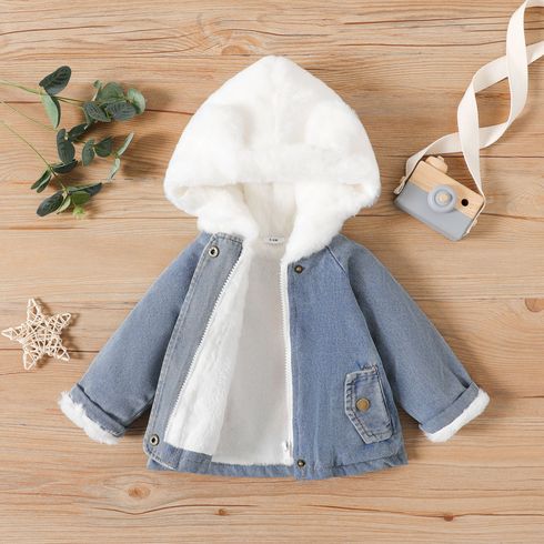 Baby Boy/Girl 100% Cotton Denim Spliced Thermal Fuzzy Hooded Long-sleeve Jacket