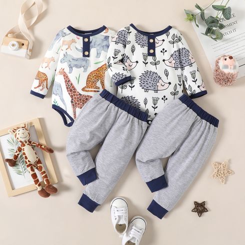 Baby 2pcs Animal Allover Long-sleeve Romper and Solid Pants Set