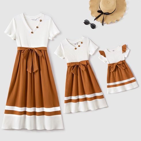 Mommy and Me Two Tone Rib Knit V Neck Short-sleeve Belted Midi Dresses