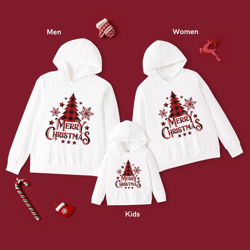 Christmas Family Matching 100% Cotton Plaid Xmas Tree & Letter Print White Long-sleeve Hoodies