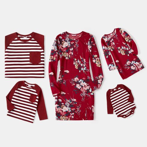 Family Matching Allover Floral Print Bodycon Dress and Raglan-sleeve Striped T-shirts Sets