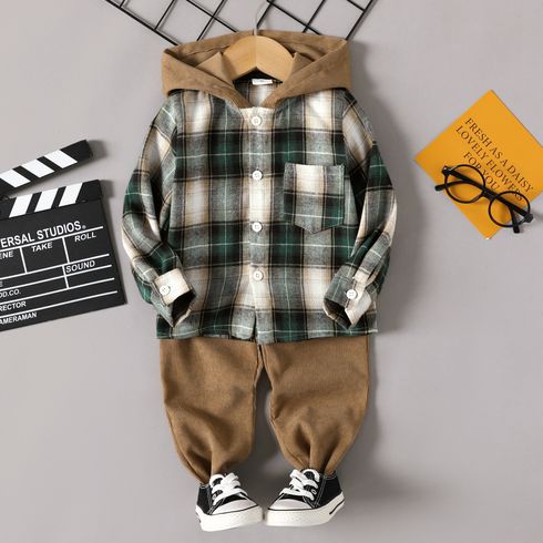 2pcs Toddler Boy Trendy Plaid Hooded Shirt and Corduroy Pants Set