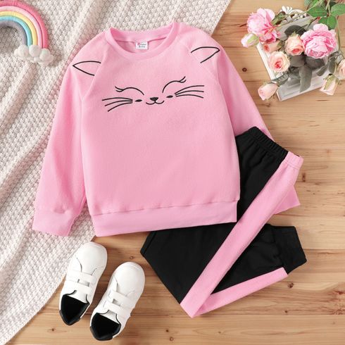 2pcs Kid Girl Cute Kitty Embroidered Fleece Sweatshirt and Colorblock Pants Set