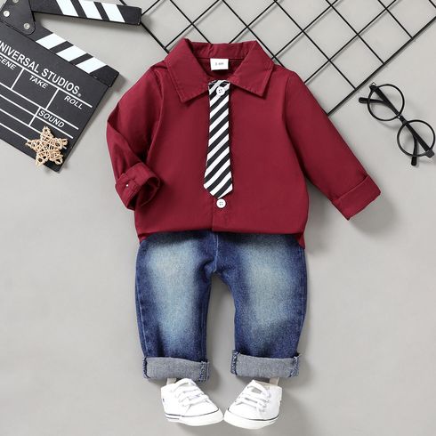 2pcs Baby Boy 100% Cotton Long-sleeve Necktie Shirt and Denim Jeans Set