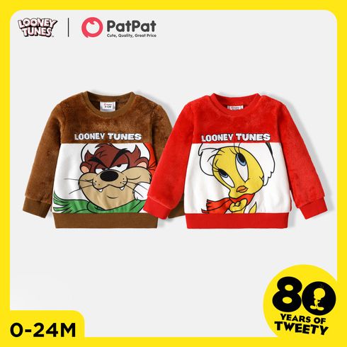 Looney Tunes Christmas Baby Boy/Girl Letter Embroidered Animal Graphic Long-sleeve Fuzzy Sweatshirt