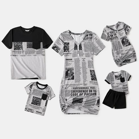 Family Matching Newspaper Print V Neck Short-sleeve Twist Knot Bodycon Dresses and T-shirts Sets