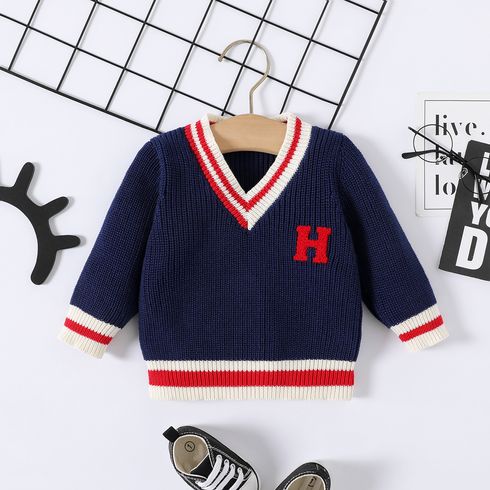 Baby Boy Letter Embroidered V Neck Long-sleeve Knitted Pullover Sweater
