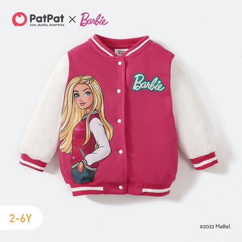 Barbie Toddler Girl Character Print Colorblock Button Design Bomber Jacket