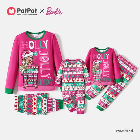 Barbie Christmas Mommy and Me Hot Pink Long-sleeve Graphic Print Pajamas Sets (Flame Resistant)