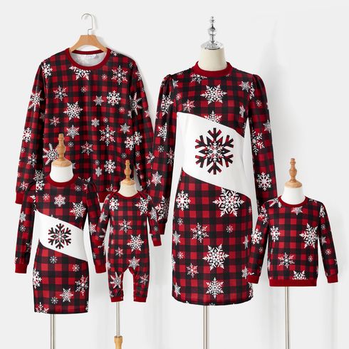 Christmas Family Matching Allover Snowflake Print Red Plaid Long-sleeve Dresses and Sweatshirts Sets