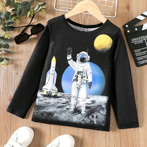 Kid Boy Space Astronaut Print Long-sleeve Black Tee