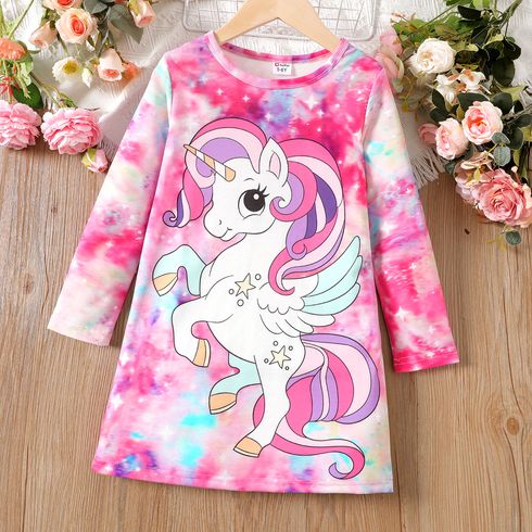 Kid Girl Sweet Unicorn Print Tie Dyed Long-sleeve Dress