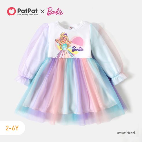 باربي طفل فتاة متدرجة اللون تصميم شبكة تصميم فستان طويل الأكمام القطن أومبير big image 1