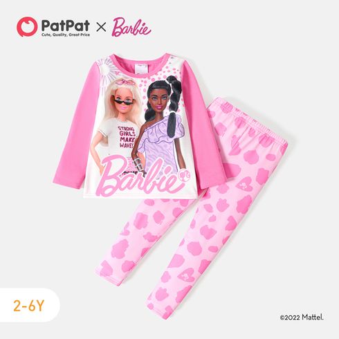 Barbie 2pcs Toddler Girl Character Print Long-sleeve Tee and Allover Print Leggings Set Pink big image 2