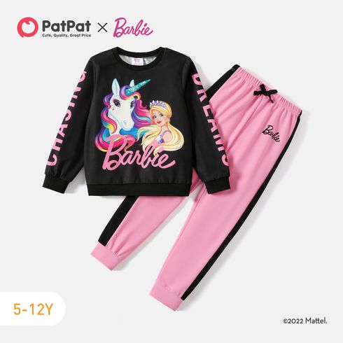 Barbie 2pcs Kid Girl Unicorn Letter Print Sweatshirt and Colorblock Pants Set