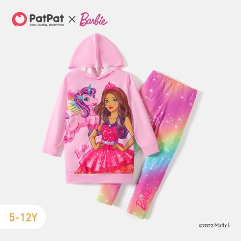 Barbie 2pcs Kid Girl Character Print Pink Hoodie Sweatshirt and Tie Dyed Leggings Set
