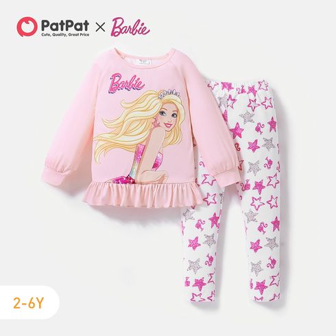 Barbie 2pcs Toddler Girl Ruffle Hem Long-sleeve Tee and Star Print Leggings Set