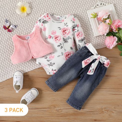 3-Pack Baby Girl Floral Print Long-sleeve Romper and Fuzzy Vest with Belted Jeans Set