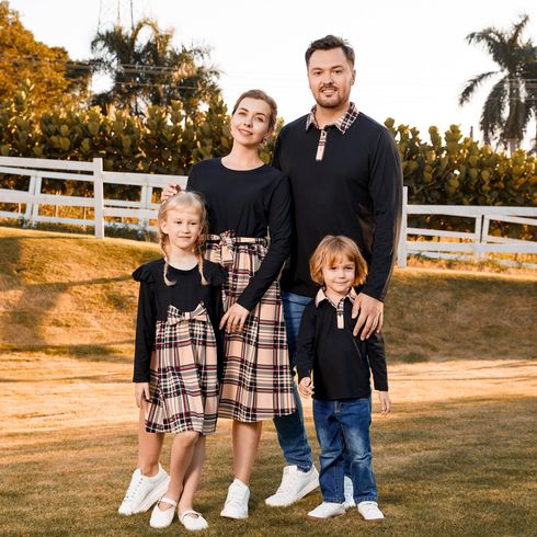 Family Matching Black Long-sleeve Splicing Plaid Dresses and Polo Shirts Sets