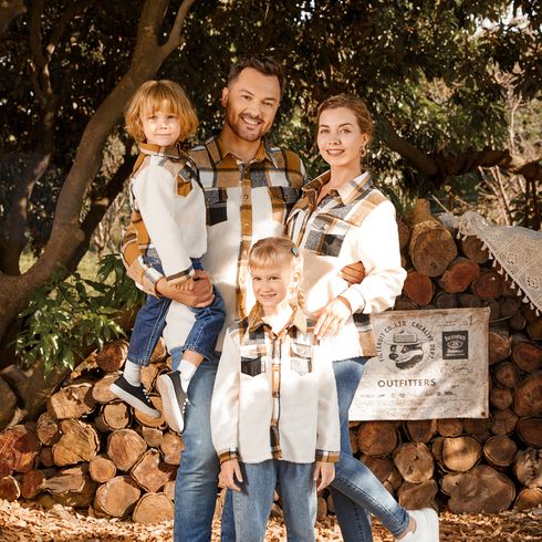 Family Matching Plaid Spliced Thermal Fleece Long-sleeve Button Tops