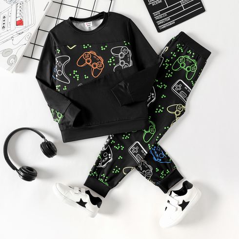 2pcs Kid Boy Game Console Print Sweatshirt and Pants Set