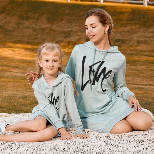Letter Print Green Long-sleeve Drawstring Hoodie Dress for Mom and Me
