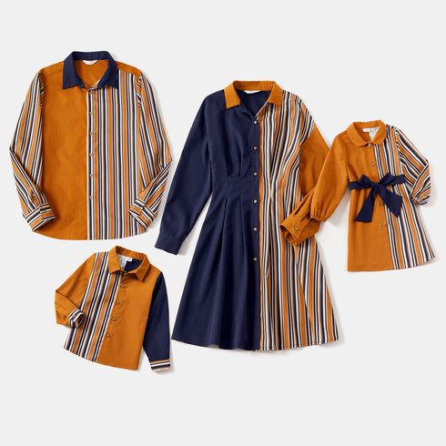 Family Matching Striped Colorblock Spliced Long-sleeve Dresses and Shirts Sets