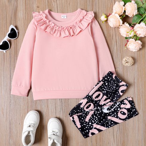 2pcs Kid Girl Ruffled Pink Sweatshirt and Polka dots Letter Print Leggings Set