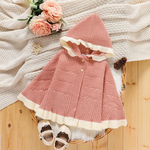 Baby Girl Two Tone Ruffle Trim Hooded Knit Poncho Sweater
