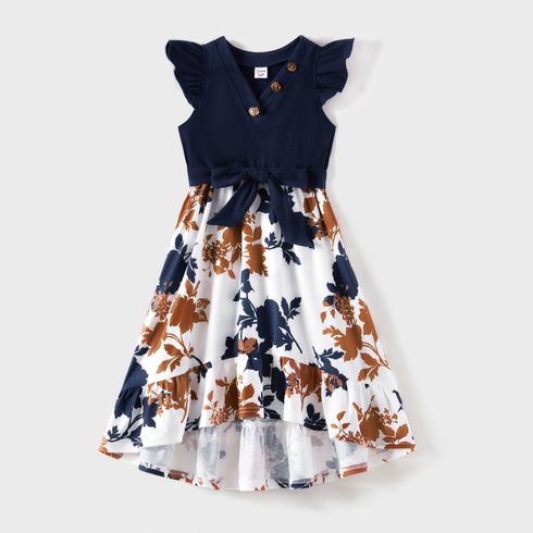 Family Matching Cotton Short-sleeve Colorblock Ribbed T-shirts and V Neck Flutter-sleeve Spliced Floral Print High Low Hem Dresses Sets royalblue big image 6