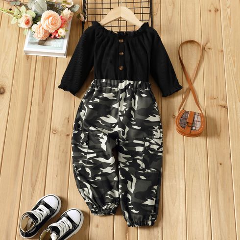2pcs Toddler Girl Trendy Off Shoulder Ruffled Tee and Camouflage Print Pants Set